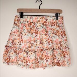 Women’s Altar’d State Peach Floral Layered Boho Mini Skirt Sz L Ruffle